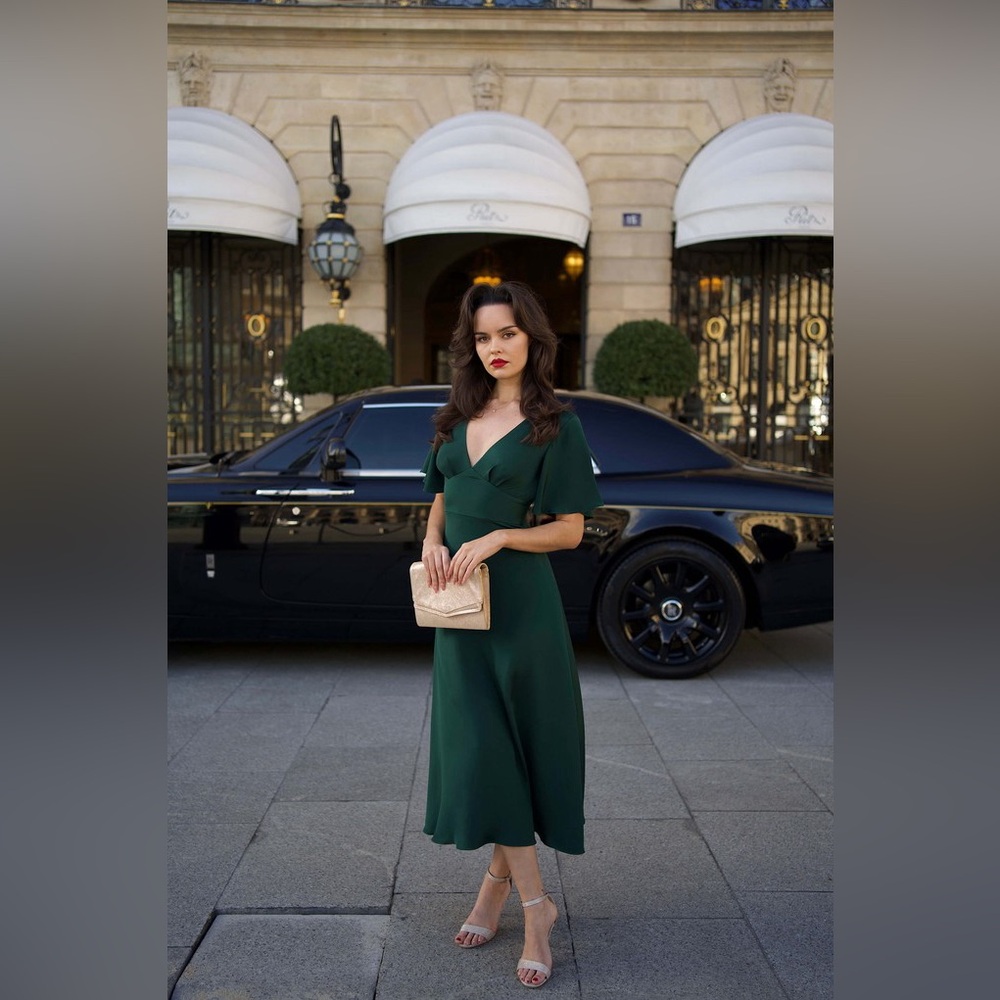 Reformation Emerald Green Off-Shoulder Maxi Dress Ruffle Sleeve Parisian Minimal - Picture 10 of 12